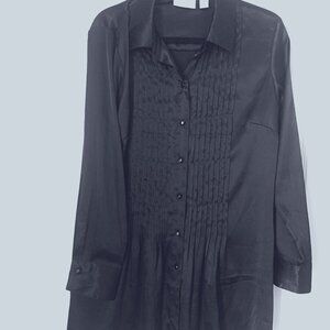 Chico's Sz Pleated 32" Black Luxury Satin Tunic Shirt Top Blouse